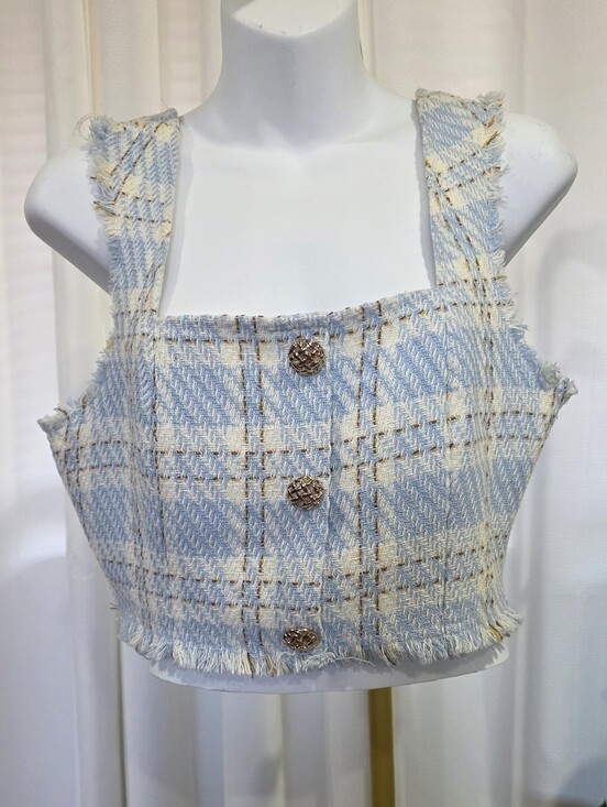 Endless Rose Tops - Endless Rose Medium Blue & Cream Tweed Cropped Top – Fringe Detail